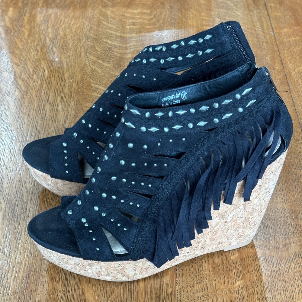 Not Rated Black Fringe Wedge Heels